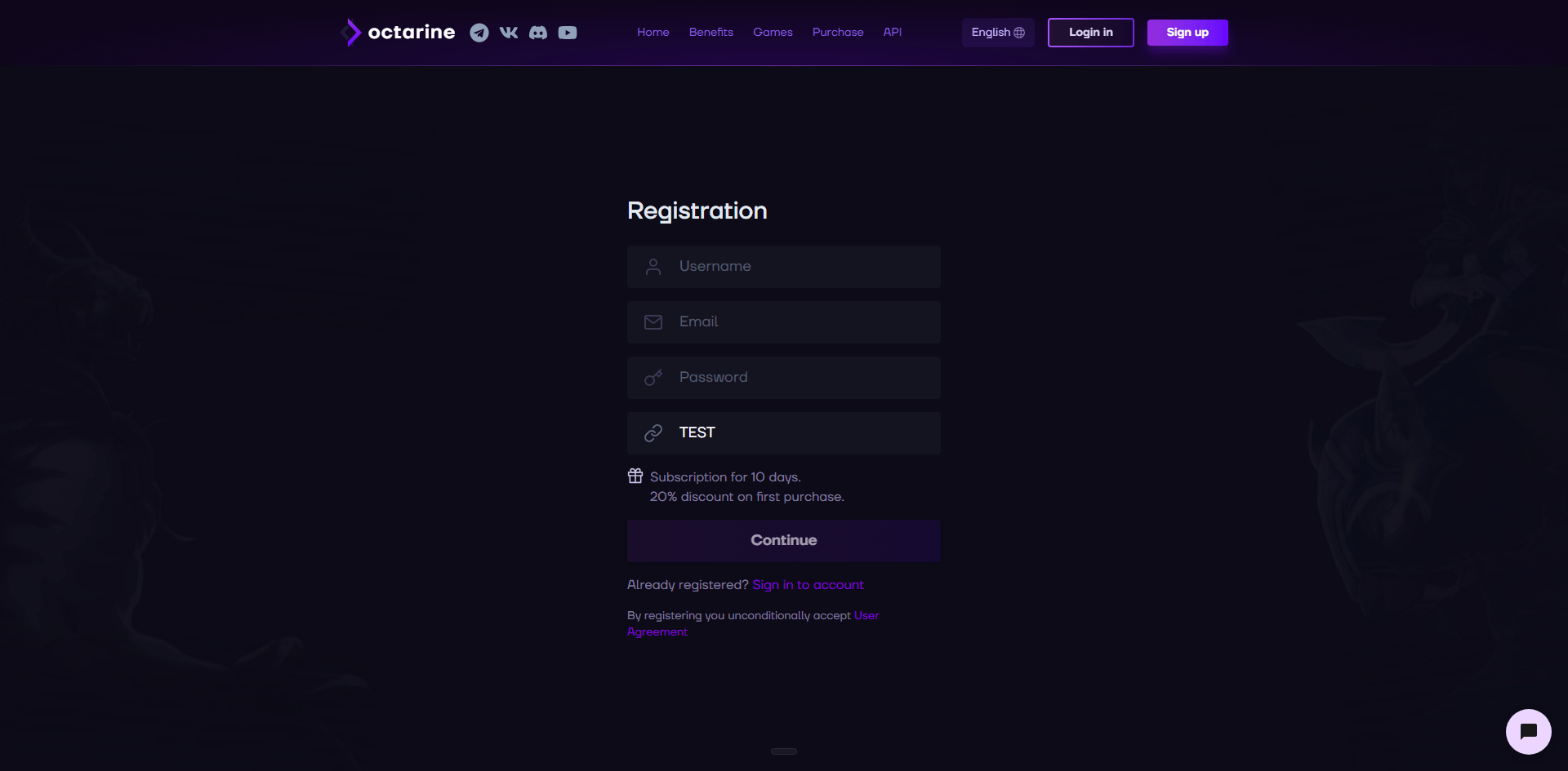Octarine sign-up page